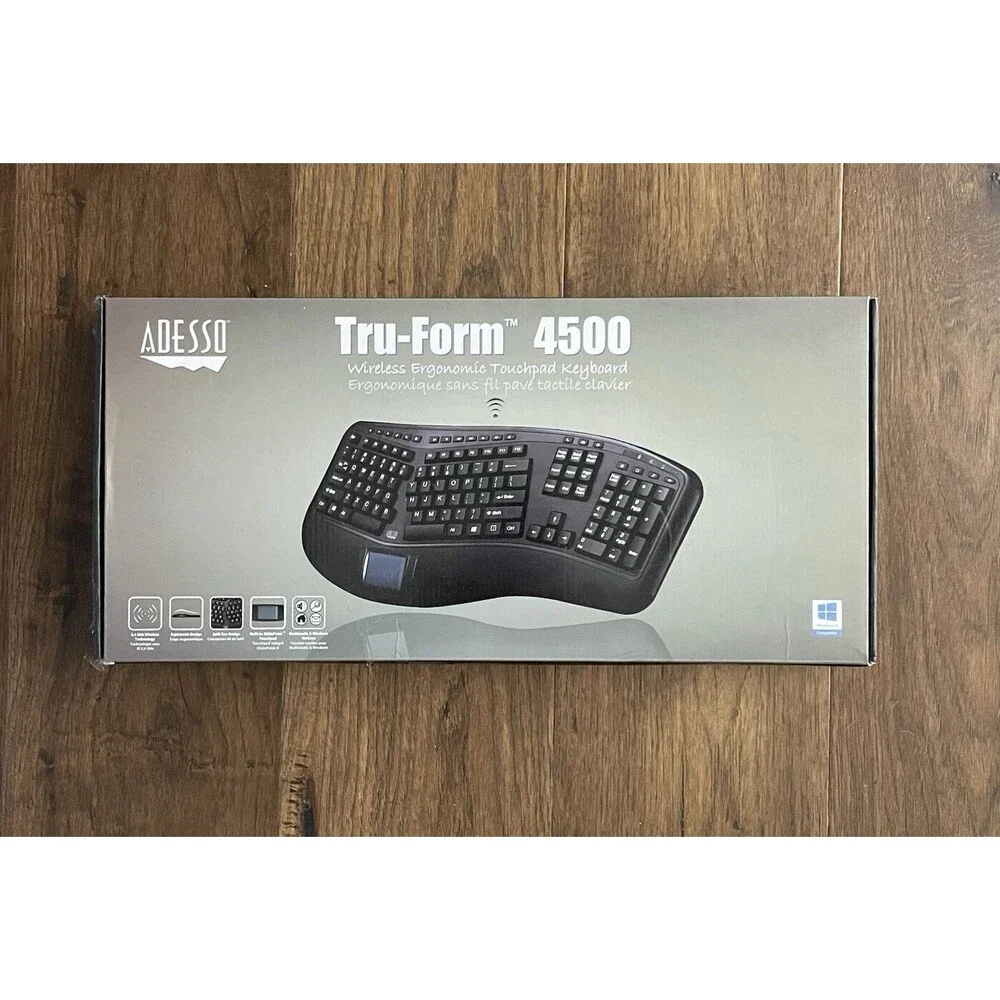 New Adesso Tru-Form 4500 Wireless Ergonomic Touchpad Keyboard WKB-4500UB